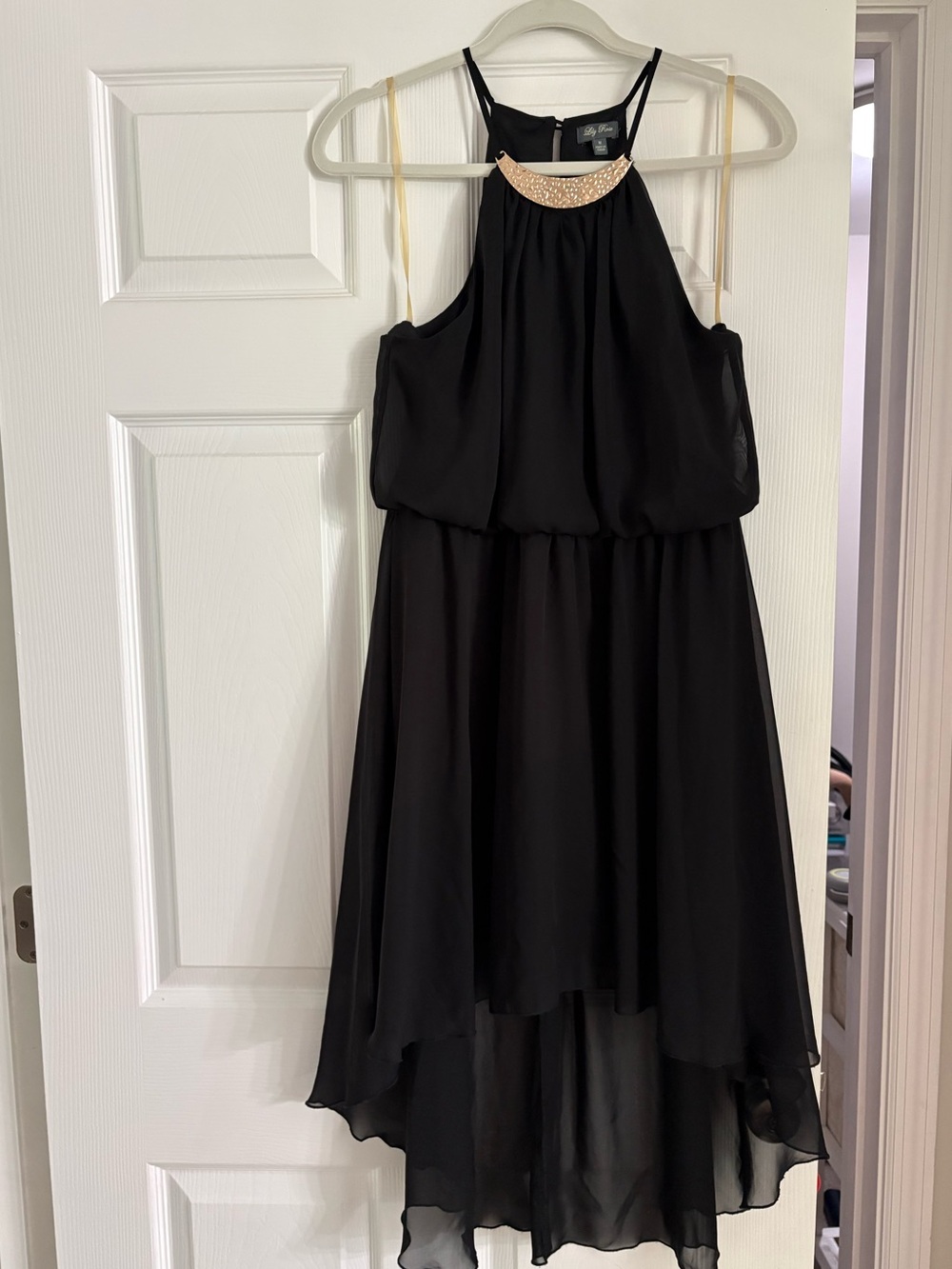 Lily Rose Black High-Low Halter Dress with Gold Neck Detail